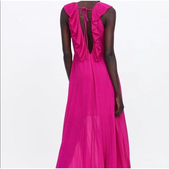 Zara Fushia Pink Plunge V Neck Tie Back Sleeveless Pleated Maxi Dress Medium - Picture 6 of 13